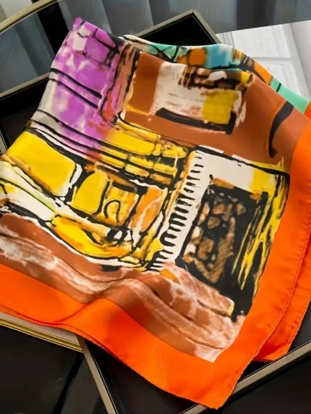 Silk-feel Vibrant Abstract Orange, Yellow, Purple Head Scarf, Neck Scarf